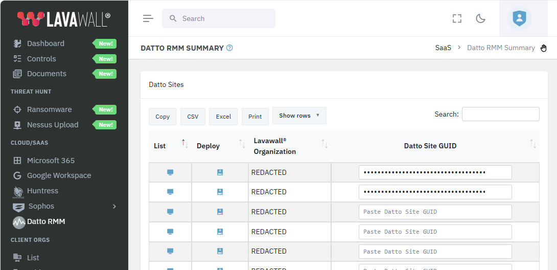 Datto RMM setup and deployment menu option in Lavawall