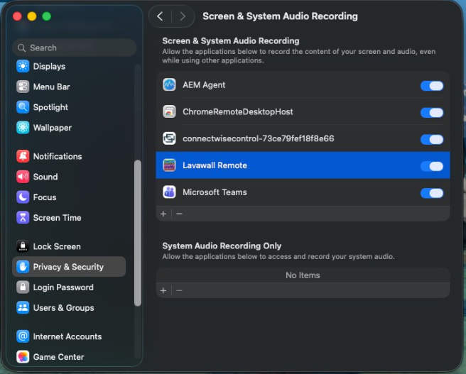 Toggle on Screen & System Audio Recording for Lavawall Remote