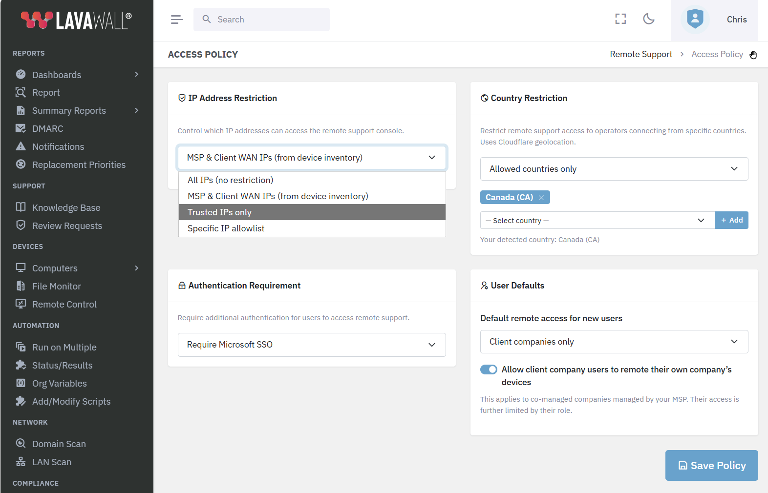 Lavawall&reg; Remote Access Policy