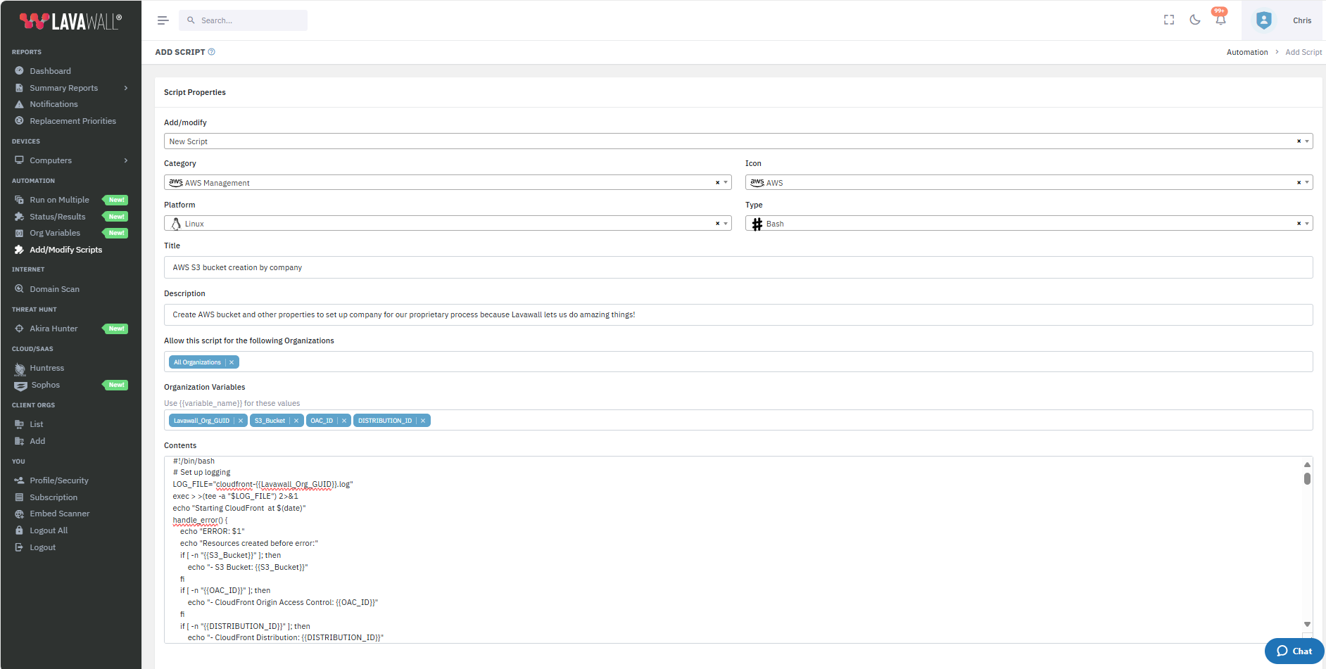 the full add-script form in Lavawall with contents and variables