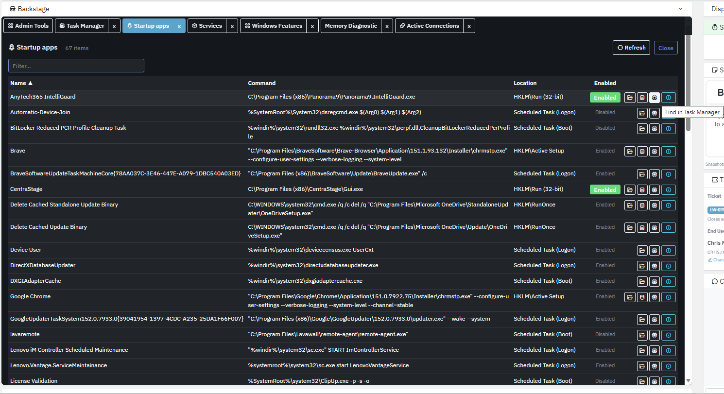 Startup apps integrated with file explorer, registry, task manager and details