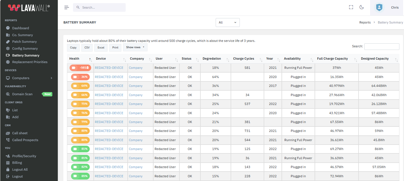 Lavawall® Battery Summary Screen Capture