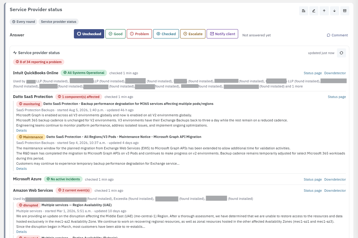 A Service Provider status check showing live status for Intuit QuickBooks Online (all systems operational), Datto SaaS Protection (one component affected), and Microsoft Azure (no active incidents), with incident detail.