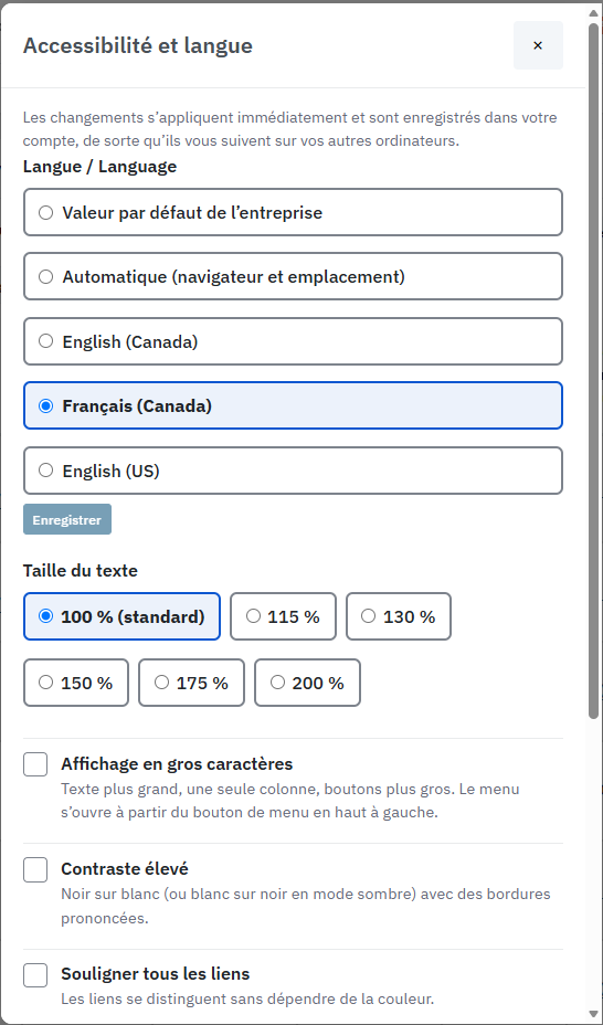 The Lavawall console's Accessibility and language dialog in French, with Langue / Language offering Valeur par défaut de l’entreprise, Automatique, English (Canada), Français (Canada) and English (US).