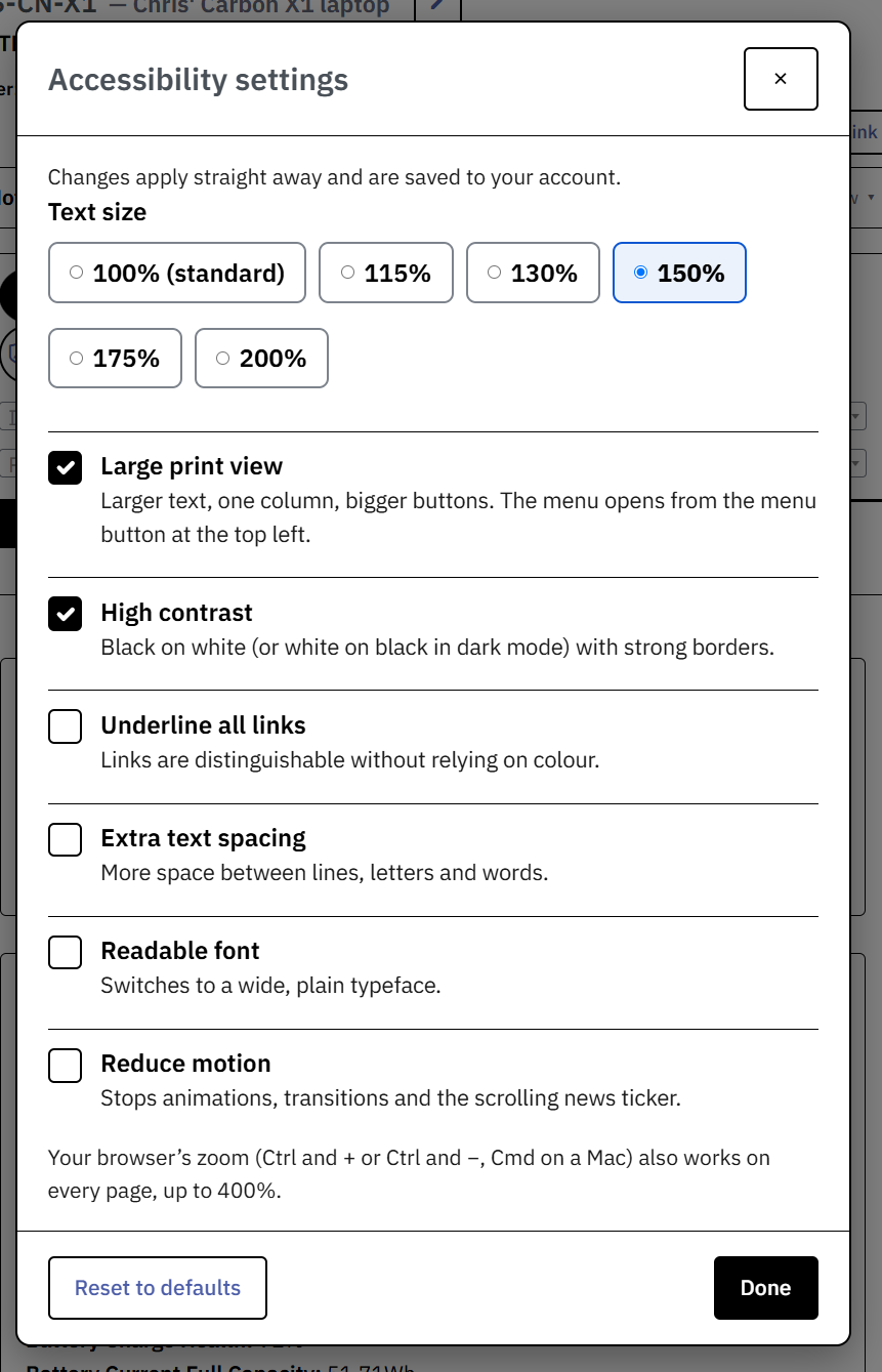 The Accessibility settings dialog: text size from 100 to 200 percent, and toggles for large print view, high contrast, underline all links, extra text spacing, readable font, and reduce motion. Changes are saved to the account.