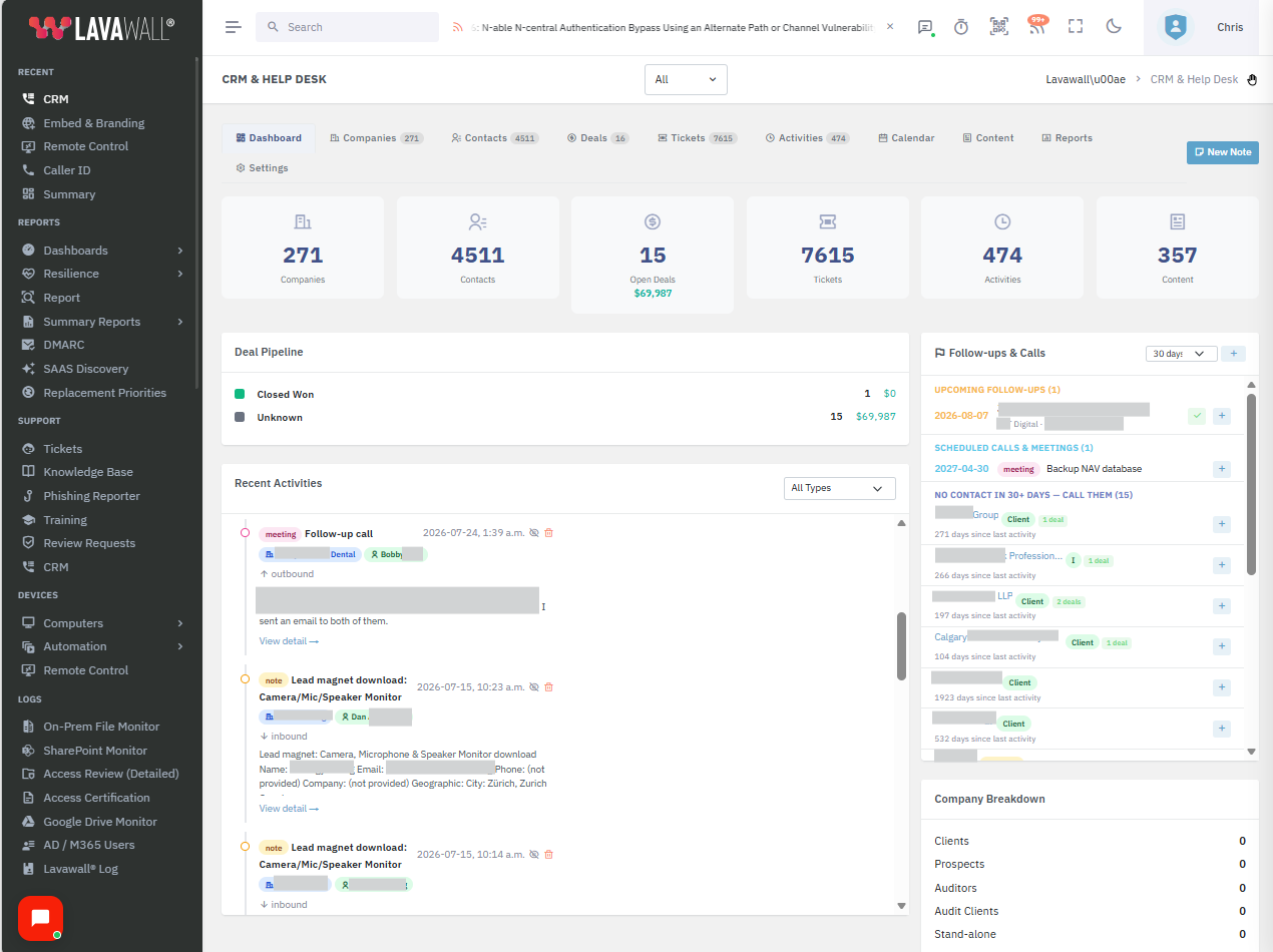 The CRM dashboard with pipeline value, recent activity, and a prospect overview