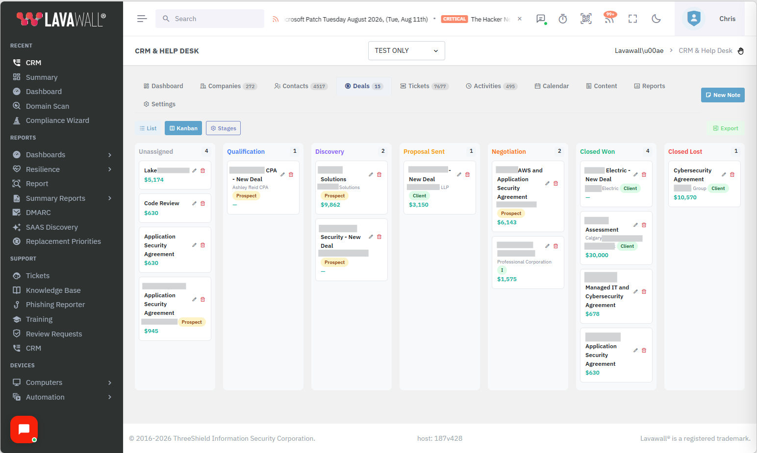 The built-in CRM deal pipeline in a kanban view, deals moving through stages
