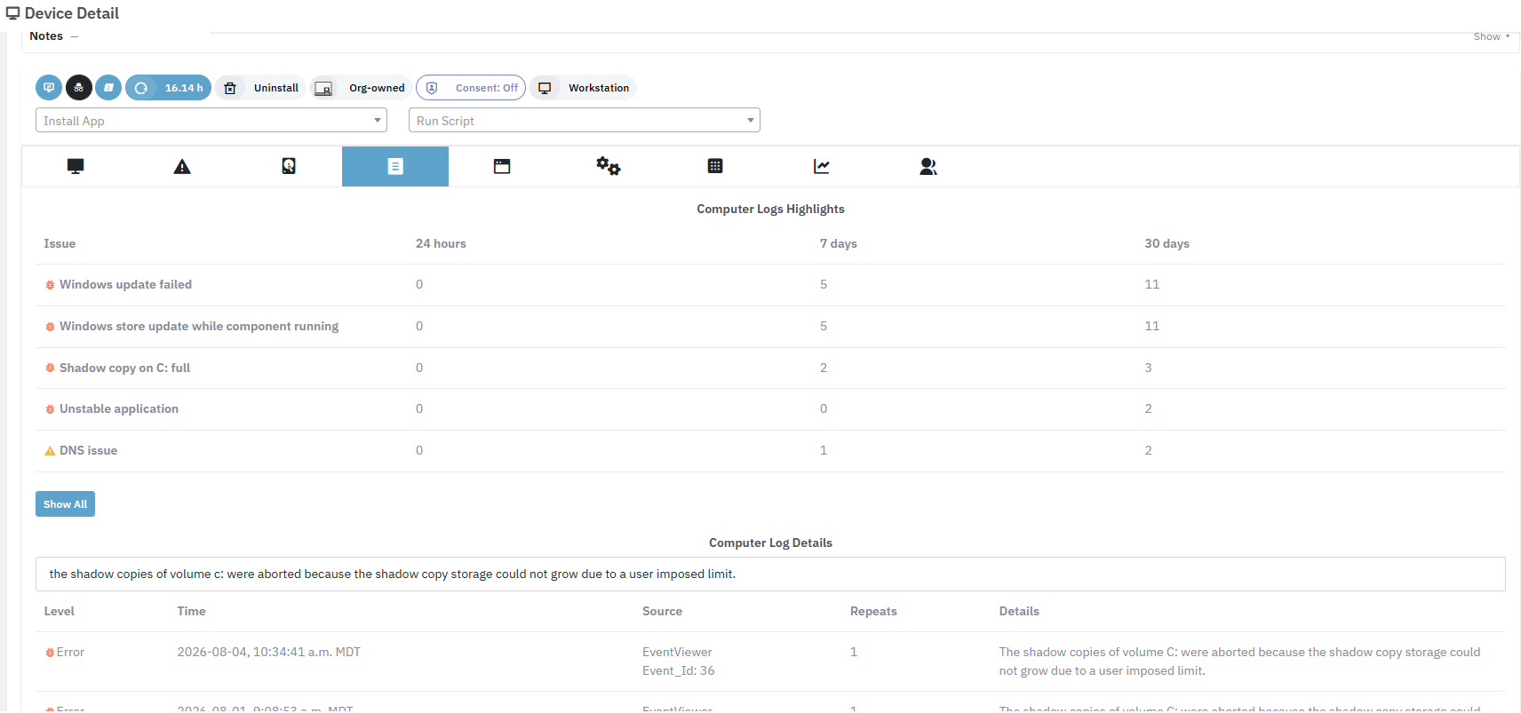 Full event log access with intelligent classification and summaries