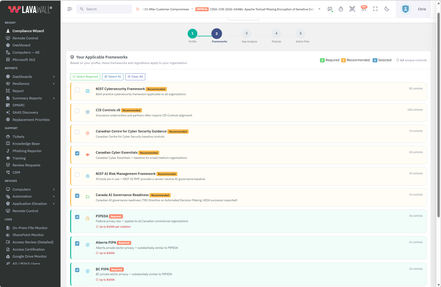The GRC Wizard showing which frameworks apply to your business and which it recommends