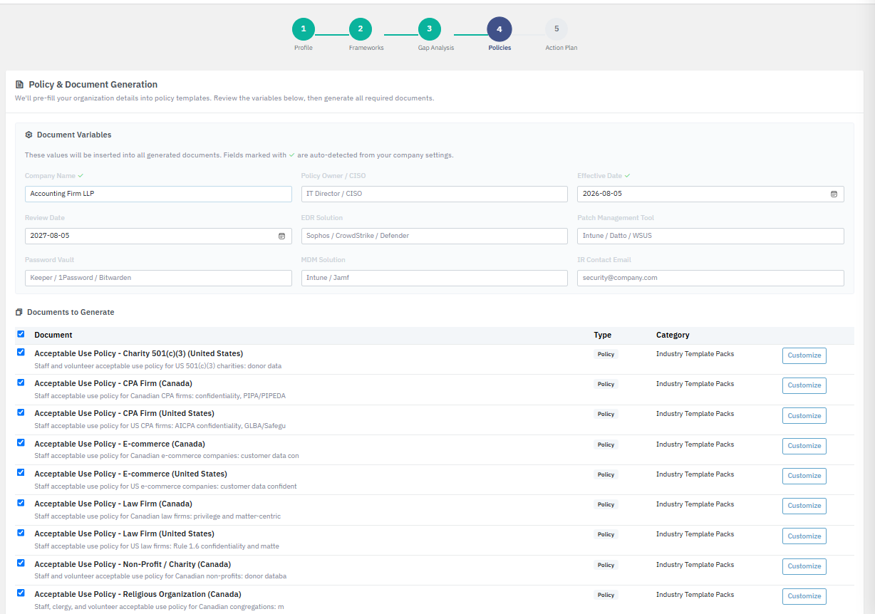 The GRC Wizard generating a finished policy document from the answers you gave