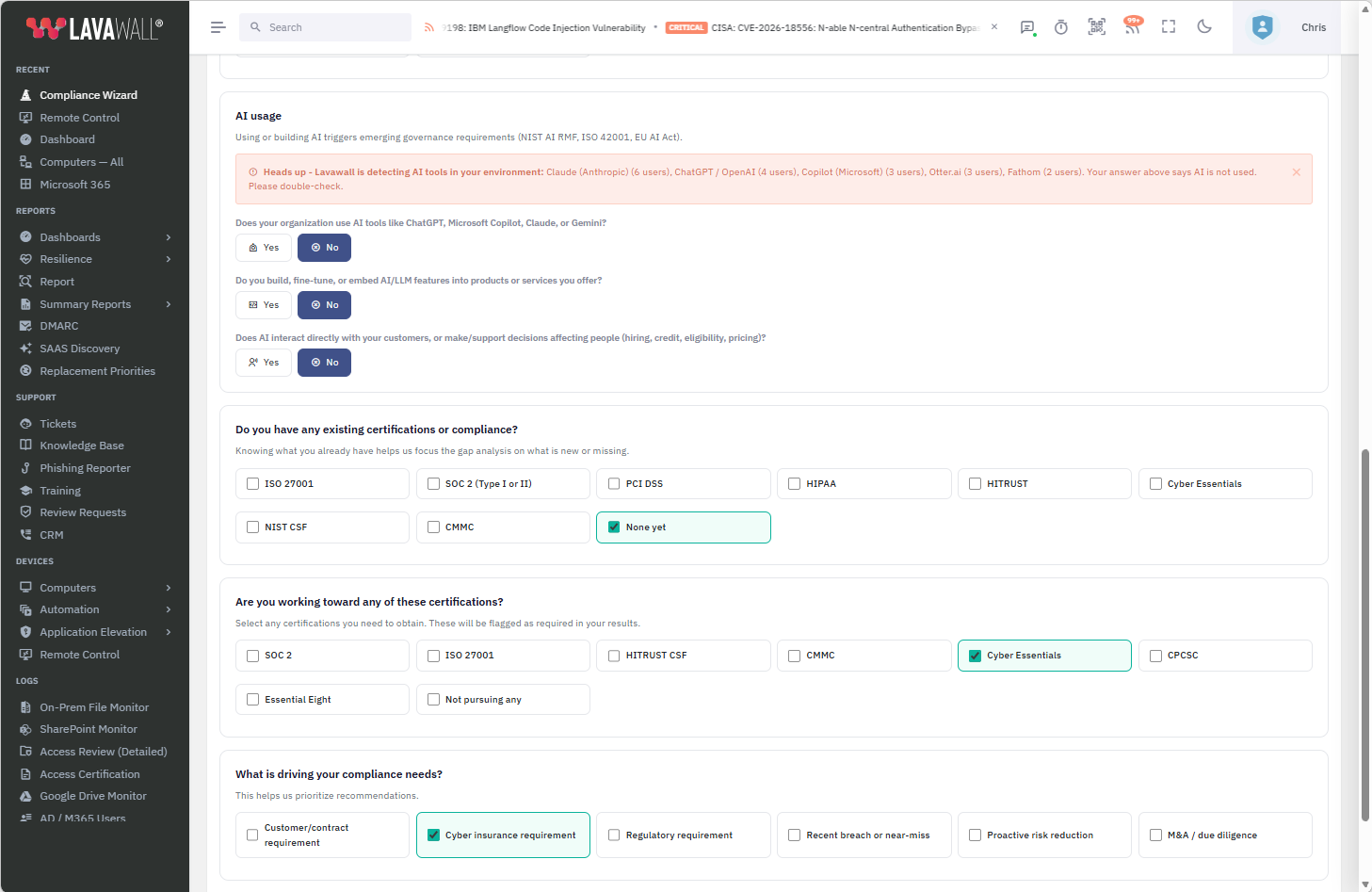 Plain-language questions in the GRC Wizard, with Lavawall cross-checking your answers against what it already detects
