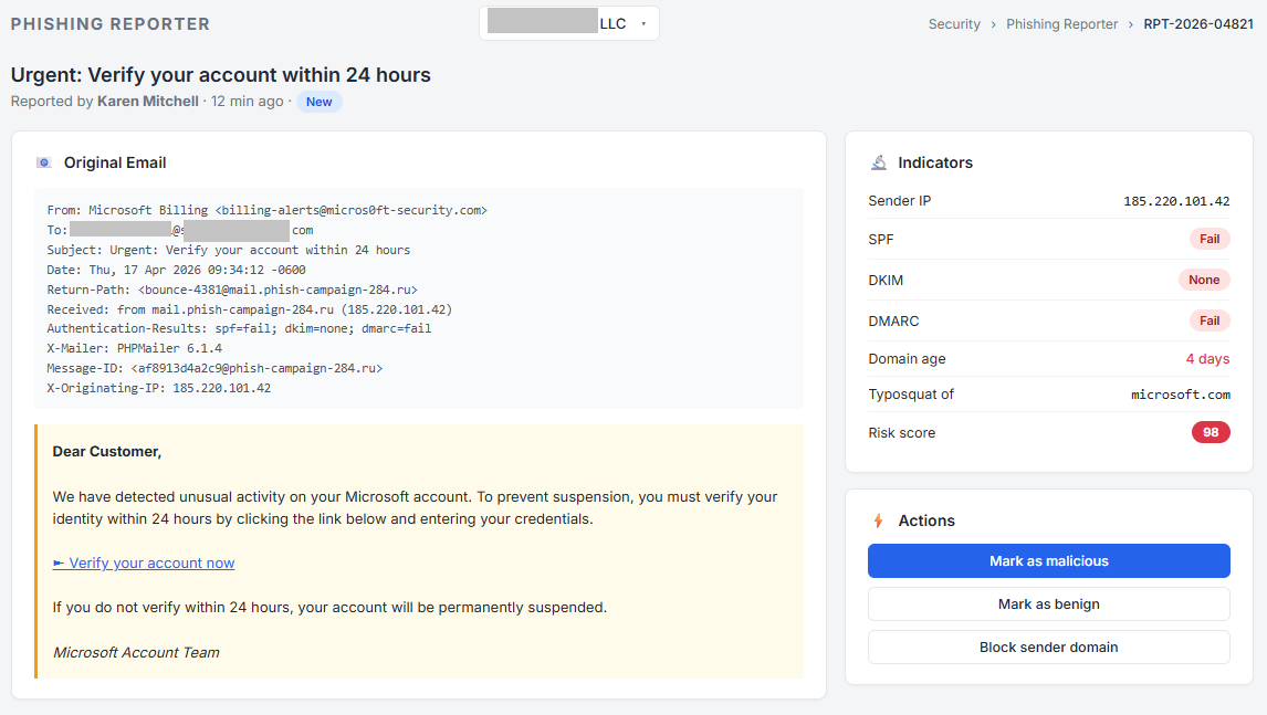 Full-fidelity phishing report detail view with headers, links, and attachments preserved