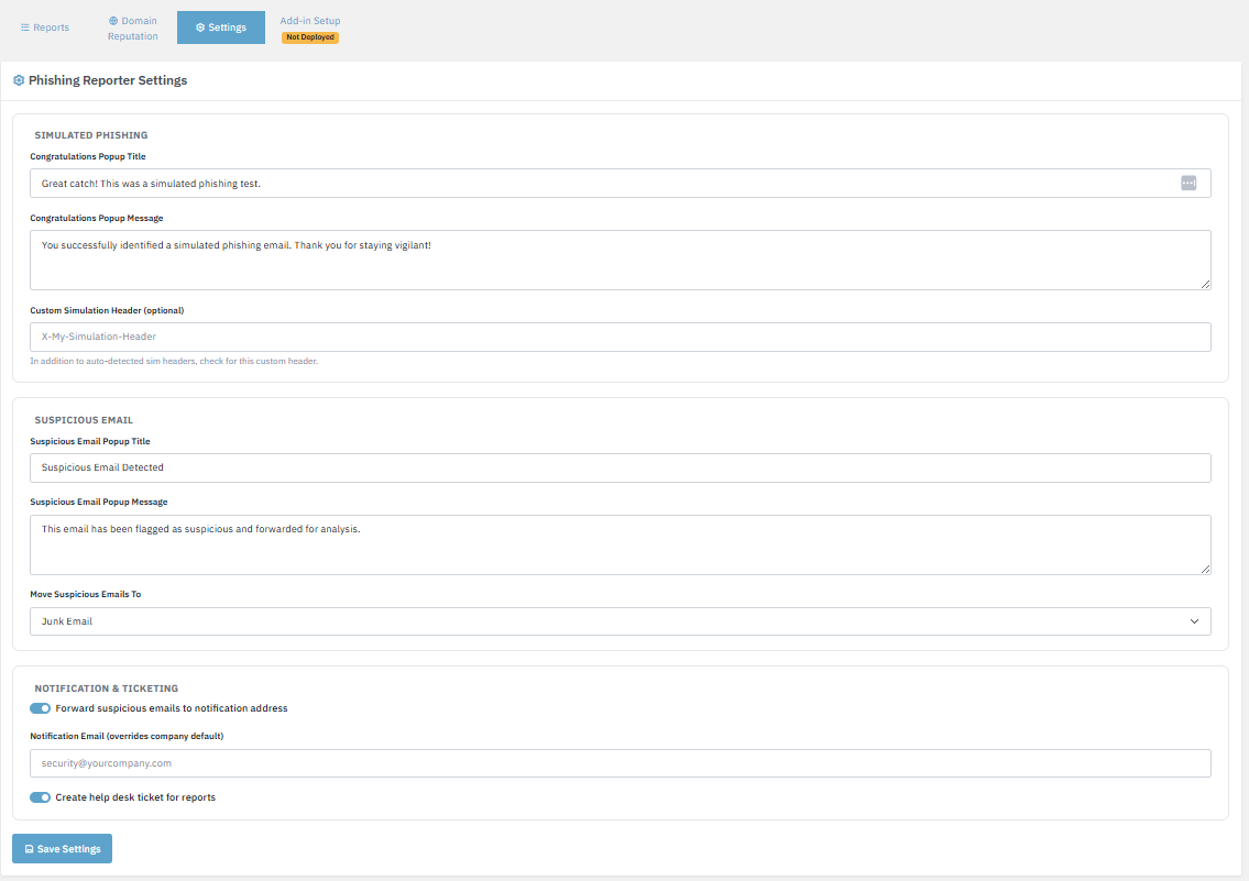 Per-company phishing reporter settings in the Lavawall admin console
