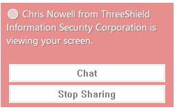A translucent, repositionable notification box on the user's screen showing who is connected, with chat and privacy controls