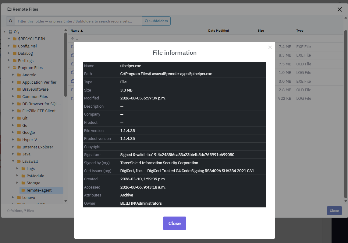 Uploading and downloading files with detailed file attributes shown in the session