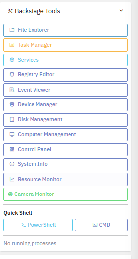Built-in Windows administration tools launched as administrator during an interactive remote-support session, without a UAC prompt