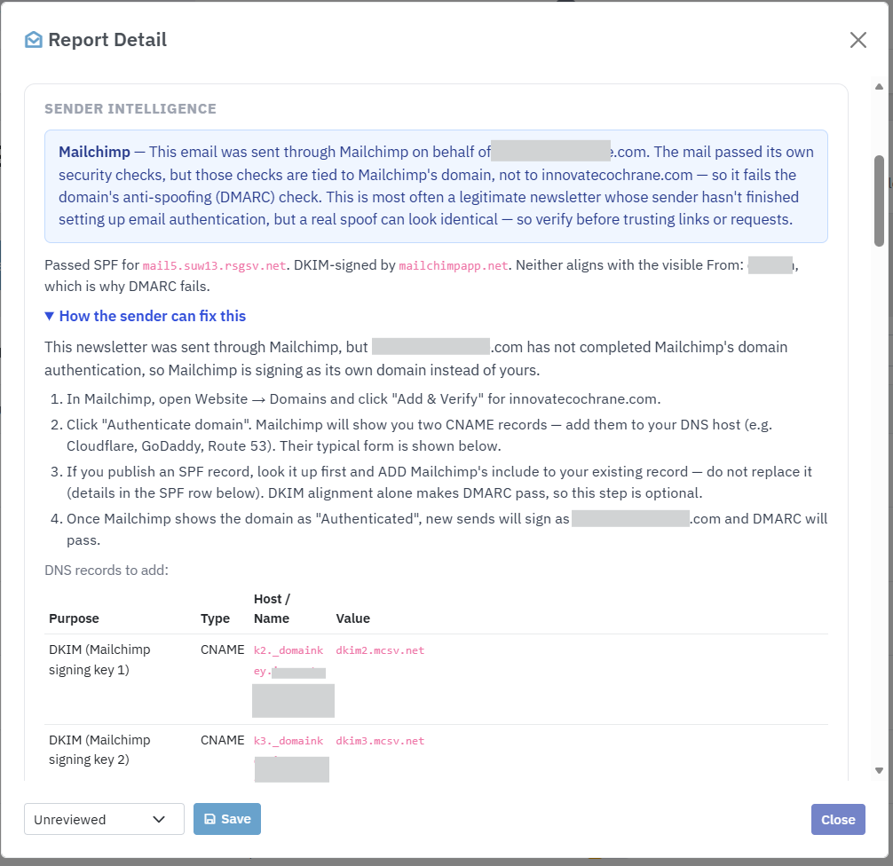 Lavawall report detail: a Mailchimp send that fails DMARC alignment, with a plain-language explanation and the exact CNAME DKIM records the sender's admin publishes to fix deliverability
