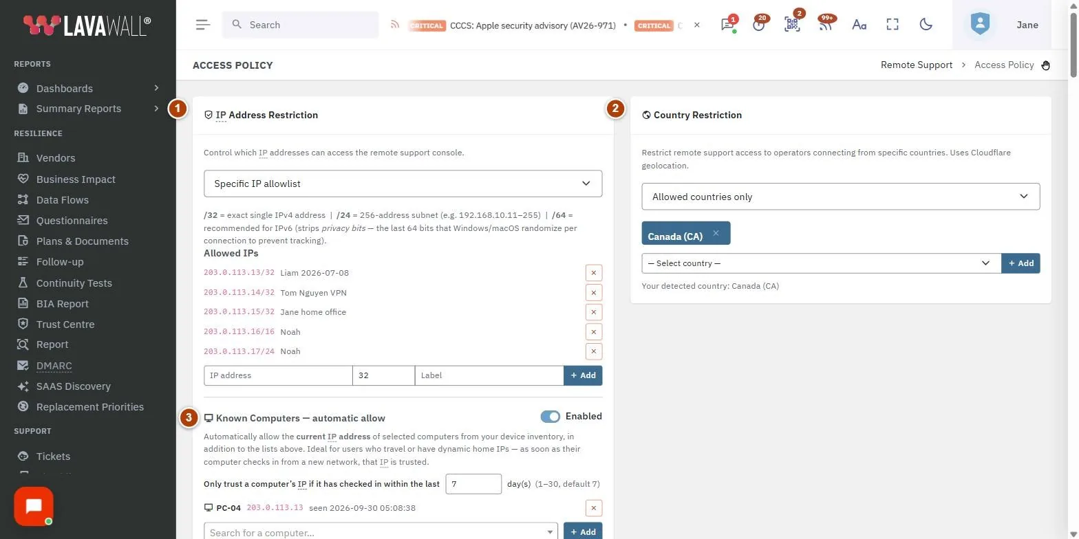 The Access Policy page, with the ip address restriction, country restriction, restriction scope, authentication requirement, user defaults, fips, passkey assurance and end-to-end encryption, vault access controls, console session policy and save policy numbered 1 to 9.