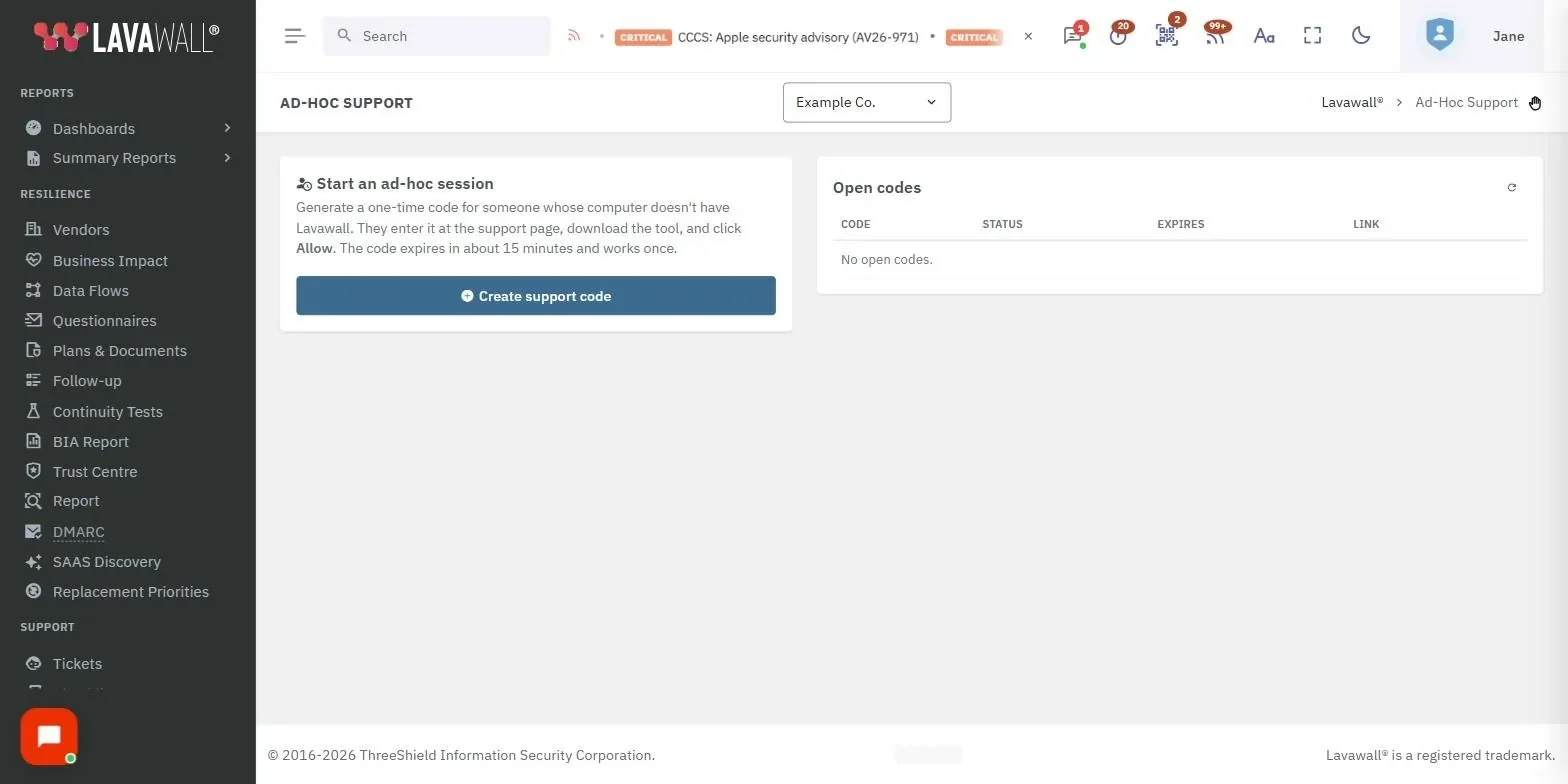 La page Soutien ponctuel de la console Lavawall, avec le démarrage d’une session ponctuelle, le code de soutien, le lien pour se joindre et les codes ouverts, à partir de données d’exemple.