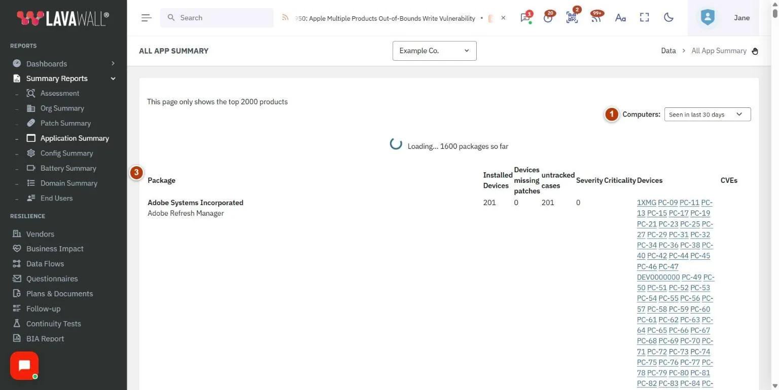 The All App Summary page, with the computers filter, table buttons and search and application table numbered 1 to 3.