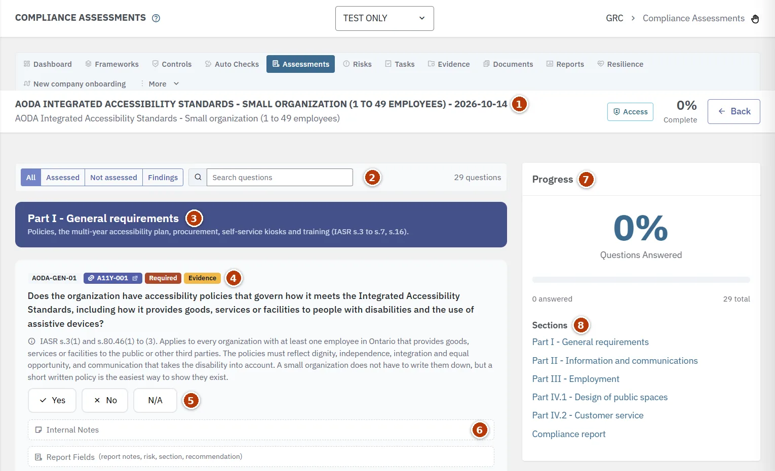 Une évaluation de la LAPHO pour une petite organisation ouverte sur la page Compliance Assessments, interface en anglais, avec l’en-tête, les filtres de questions, la bannière de la partie I, les étiquettes de la question, les boutons de réponse, les notes et champs de rapport, le panneau de progression et la liste des sections numérotés de 1 à 8.