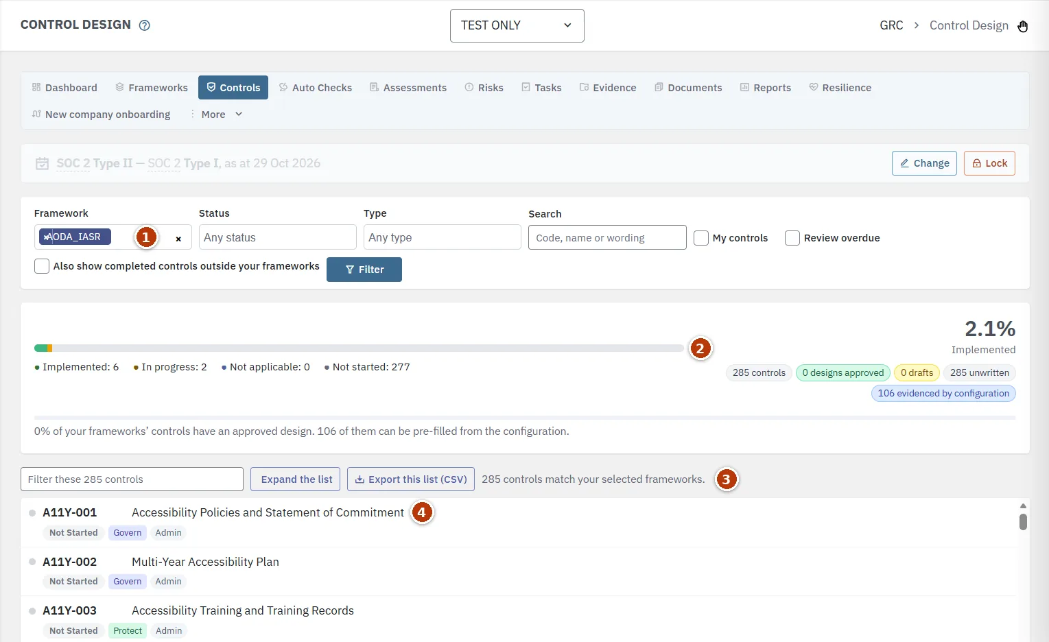 La page Control Design, interface en anglais, avec AODA_IASR choisi dans le filtre Framework, le sommaire de progression, les outils de la liste et les premiers contrôles d’accessibilité A11Y-001 à A11Y-003 numérotés de 1 à 4.