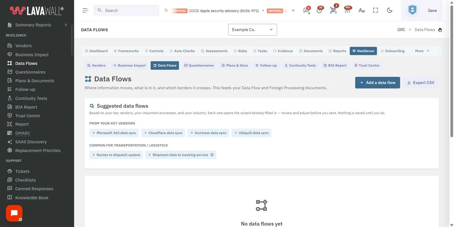 La page Flux de données dans la console Lavawall, montrant la barre d’outils, les flux de données suggérés, le tableau des flux de données et le traitement à l’étranger, avec des données d’exemple.