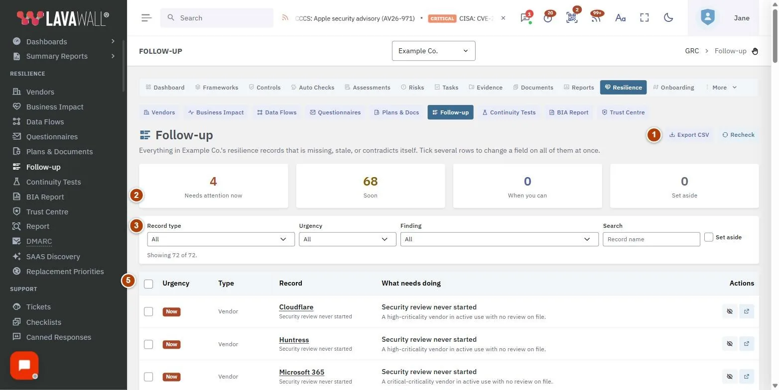 The Follow-up page, with the toolbar, urgency summary, filters, bulk change bar and findings table numbered 1 to 5.