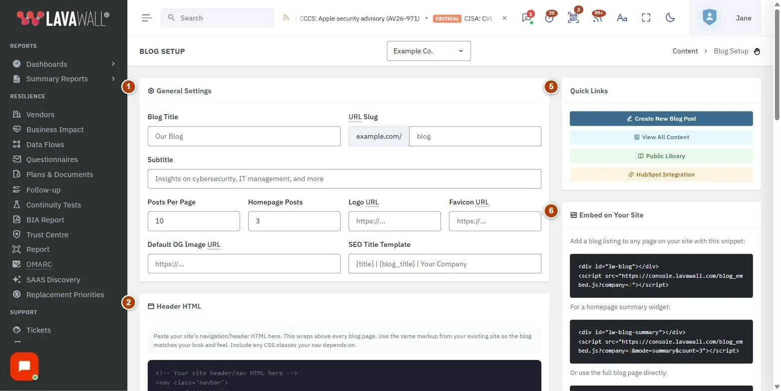 The Blog Setup page, with the general settings, header html, custom css, save configuration, quick links and embed on your site numbered 1 to 6.