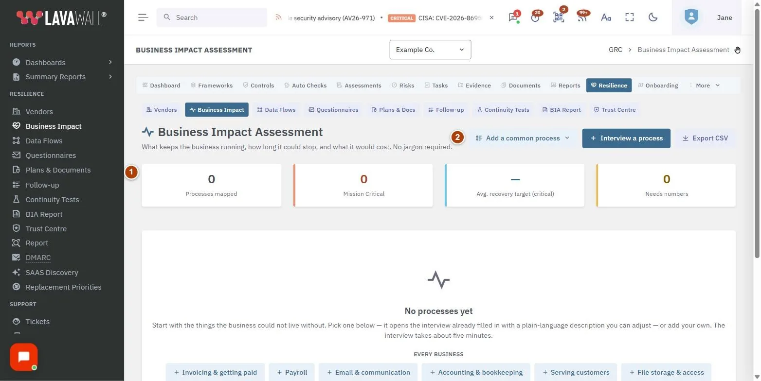 The Business Impact Assessment page, with the summary tiles, toolbar, process table, row actions and interview a process numbered 1 to 5.