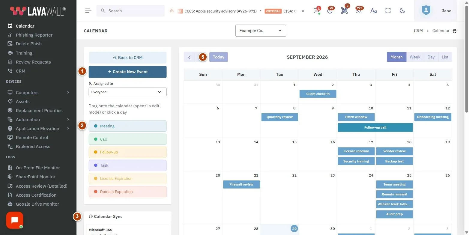 The Calendar page, with the toolbar, event types, calendar sync, upcoming and calendar numbered 1 to 5.