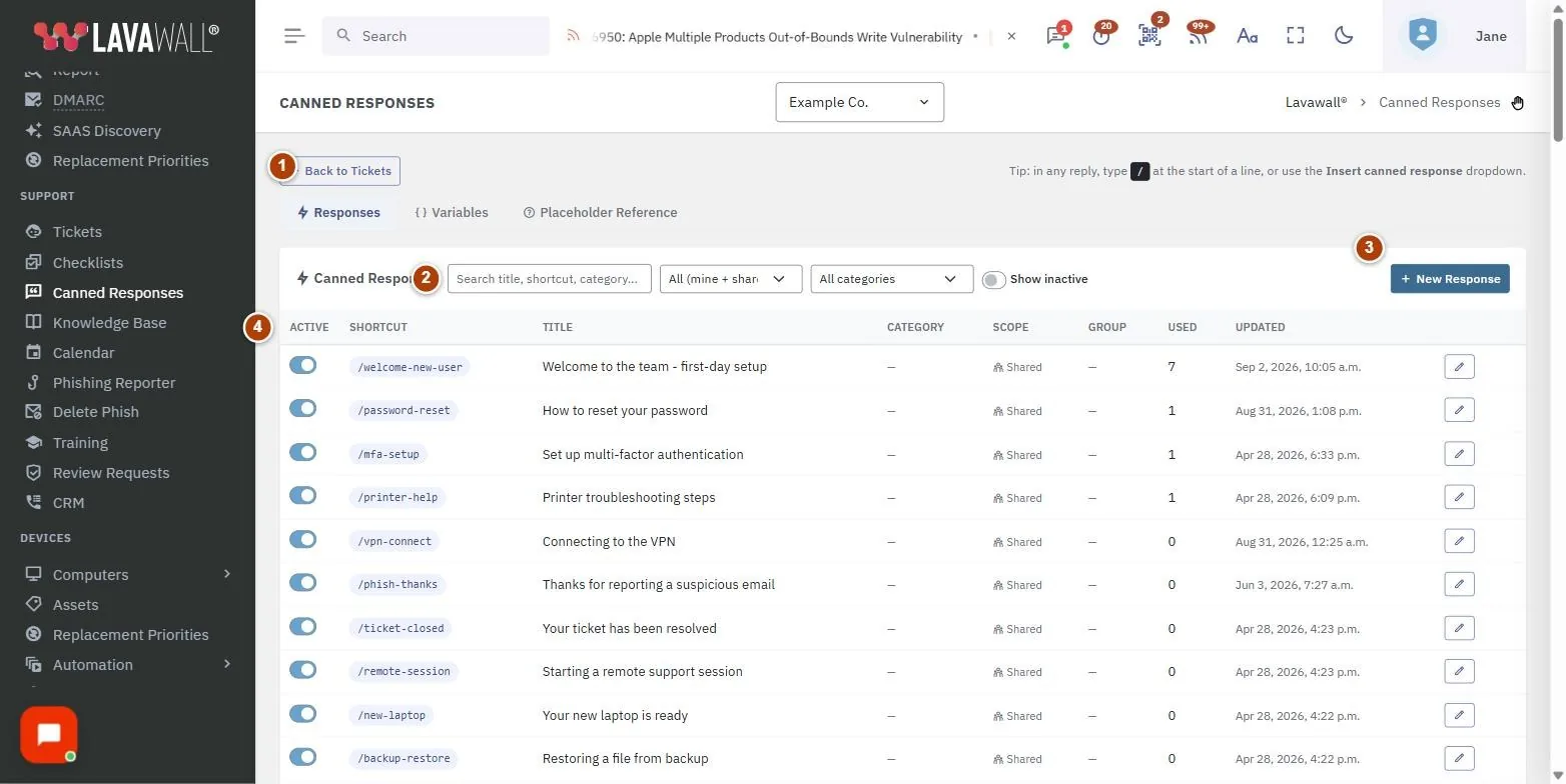 The Canned Responses page, with the tabs, responses list, custom placeholders, built-in placeholders and canned response numbered 1 to 5.