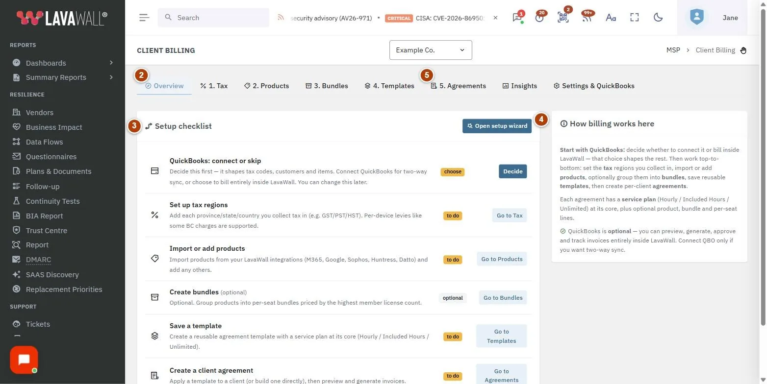 The Client Billing page, with the client banner, tabs, setup checklist, how billing works here and agreements numbered 1 to 5.