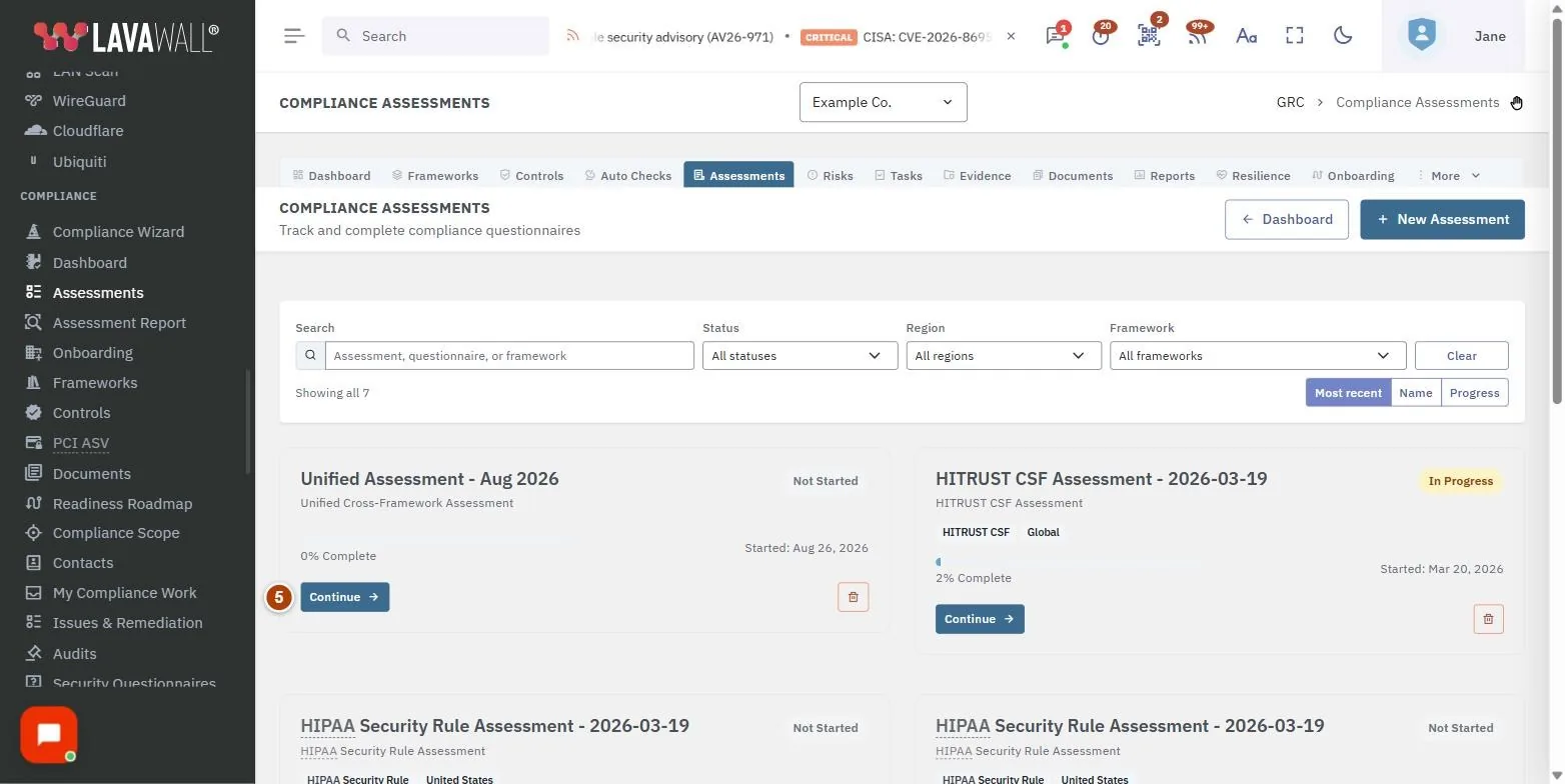 The Compliance Assessments page, with the assessment header, question filters, question cards, progress panel, assessment list and start new assessment numbered 1 to 6.