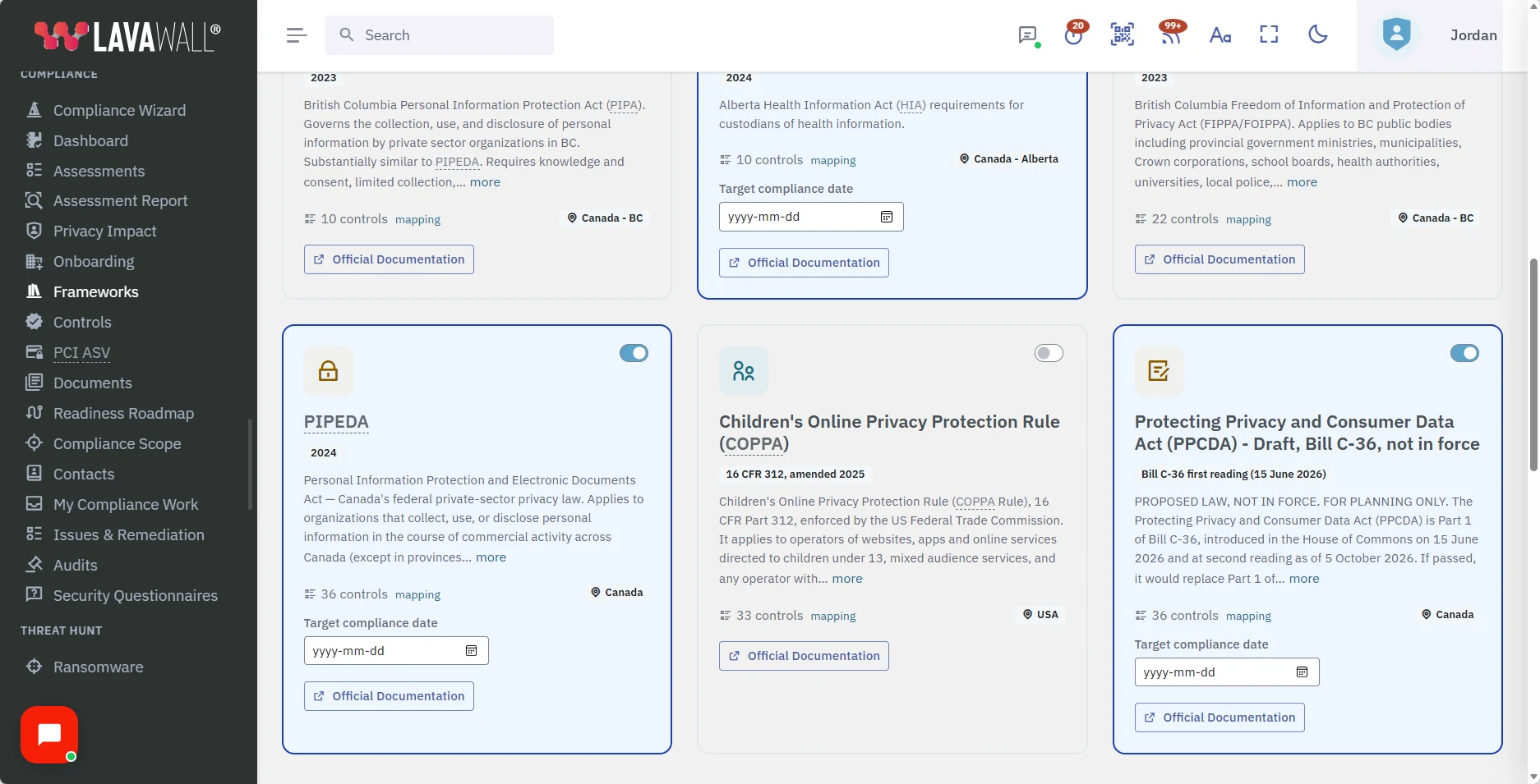 Privacy framework cards on the Compliance Frameworks page: PIPEDA and the draft PPCDA turned on, each with a target compliance date, and COPPA turned off.