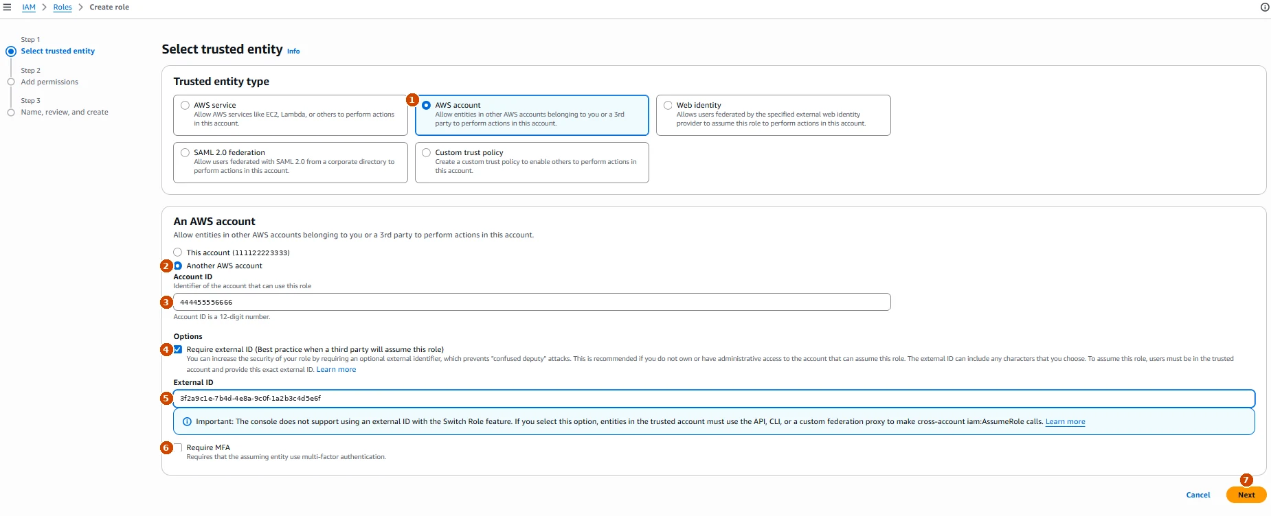La page Create role d’AWS avec AWS account, Another AWS account, l’Account ID, Require external ID, l’External ID, Require MFA et Next, numérotés de 1 à 7.