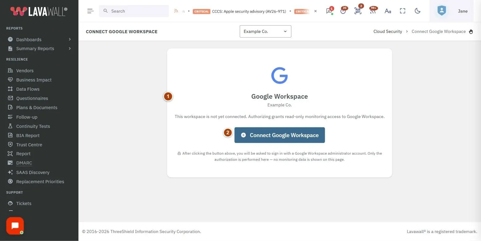 The Connect Google Workspace page, with the company and status and connect google workspace / re-authorize numbered 1 to 2.
