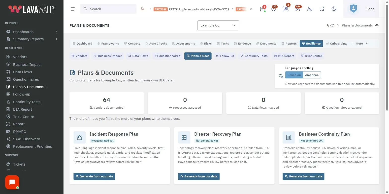 La page Plans et documents dans la console Lavawall, montrant la langue et l’orthographe, les tuiles de progression, les cartes de documents et les boutons des cartes, avec des données d’exemple.