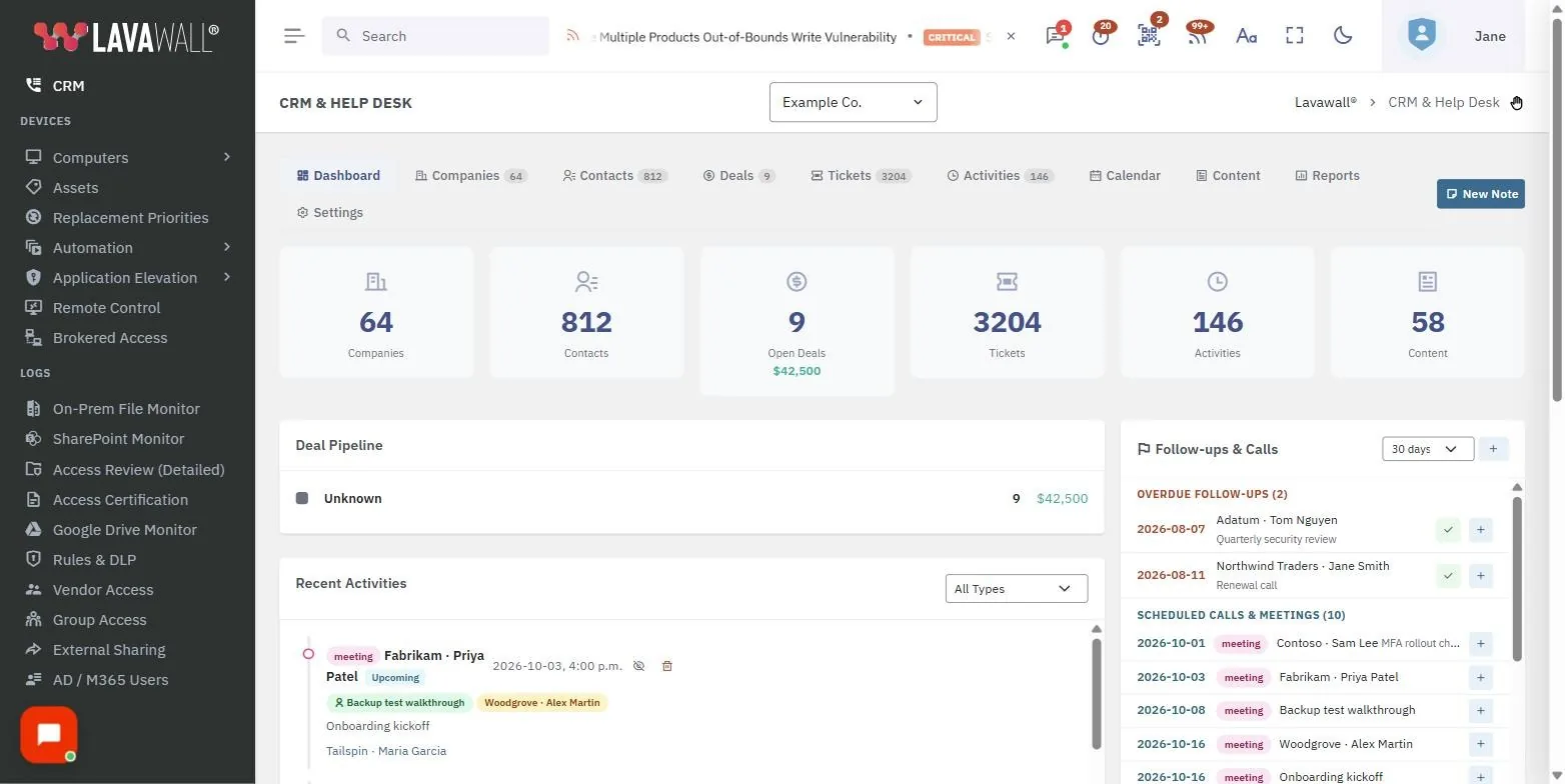 La page CRM et centre d’assistance de la console Lavawall, affichant les onglets, le tableau de bord, les entreprises et la vue d’une entreprise, avec des données d’exemple.