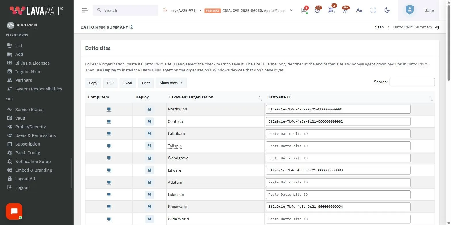 La page Sommaire Datto RMM dans la console Lavawall, montrant les outils de tableau, le tableau des sites Datto et la zone du GUID de site Datto, avec des données d&rsquo;exemple.