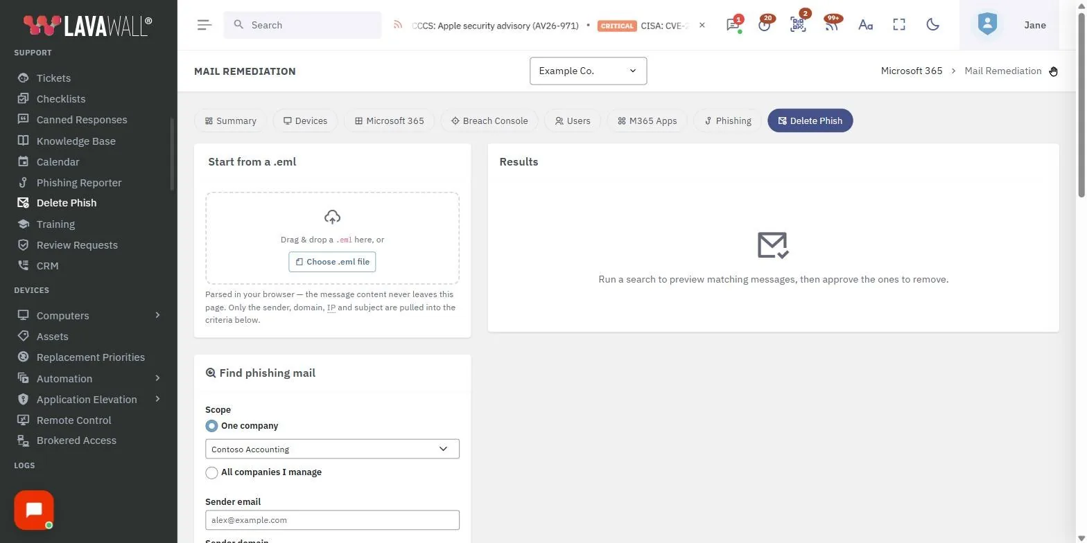 The Delete Phish page in the Lavawall console, showing the start from a .eml, find phishing mail, recent searches and results, with example data.
