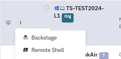 A computer's row in the Computers list, with the remote desktop icon and the open menu showing Backstage and Remote Shell.