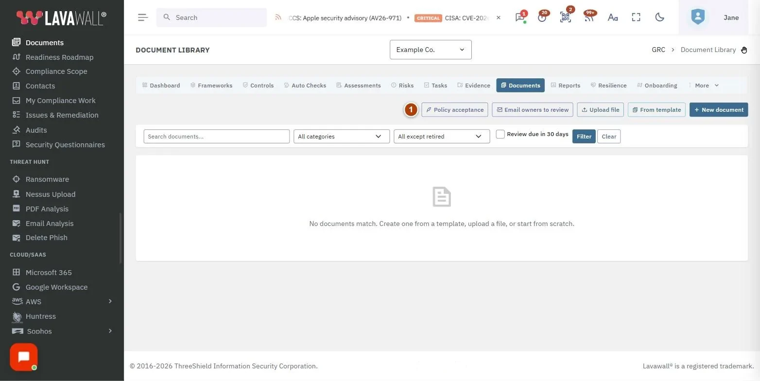 The Document Library page, with the actions, waiting for approval, filters, document table and document viewer numbered 1 to 5.