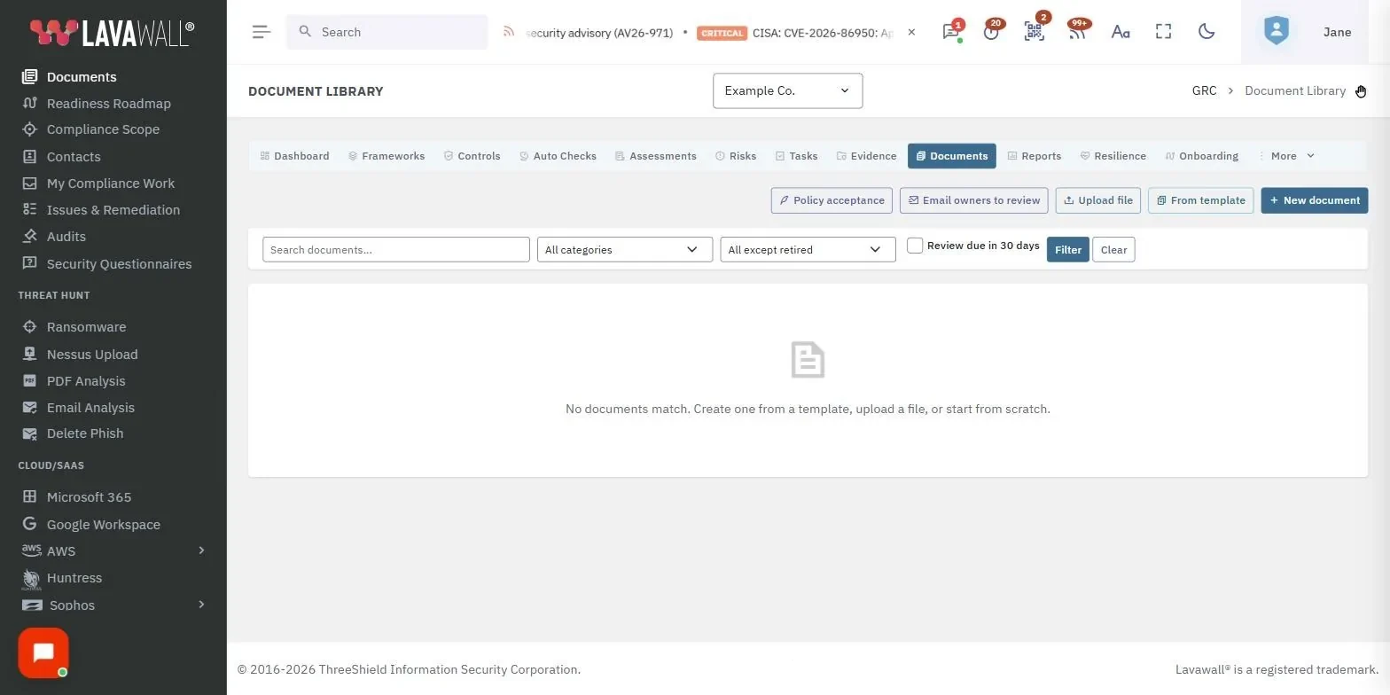 La page Bibliothèque de documents de la console Lavawall, avec les actions, les documents en attente d’approbation, les filtres et le tableau des documents, avec des données d’exemple.