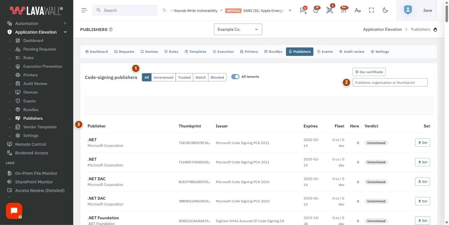 The Elevation Publishers page, with the verdict filter, search, code-signing publishers table and set publisher verdict dialog numbered 1 to 4.