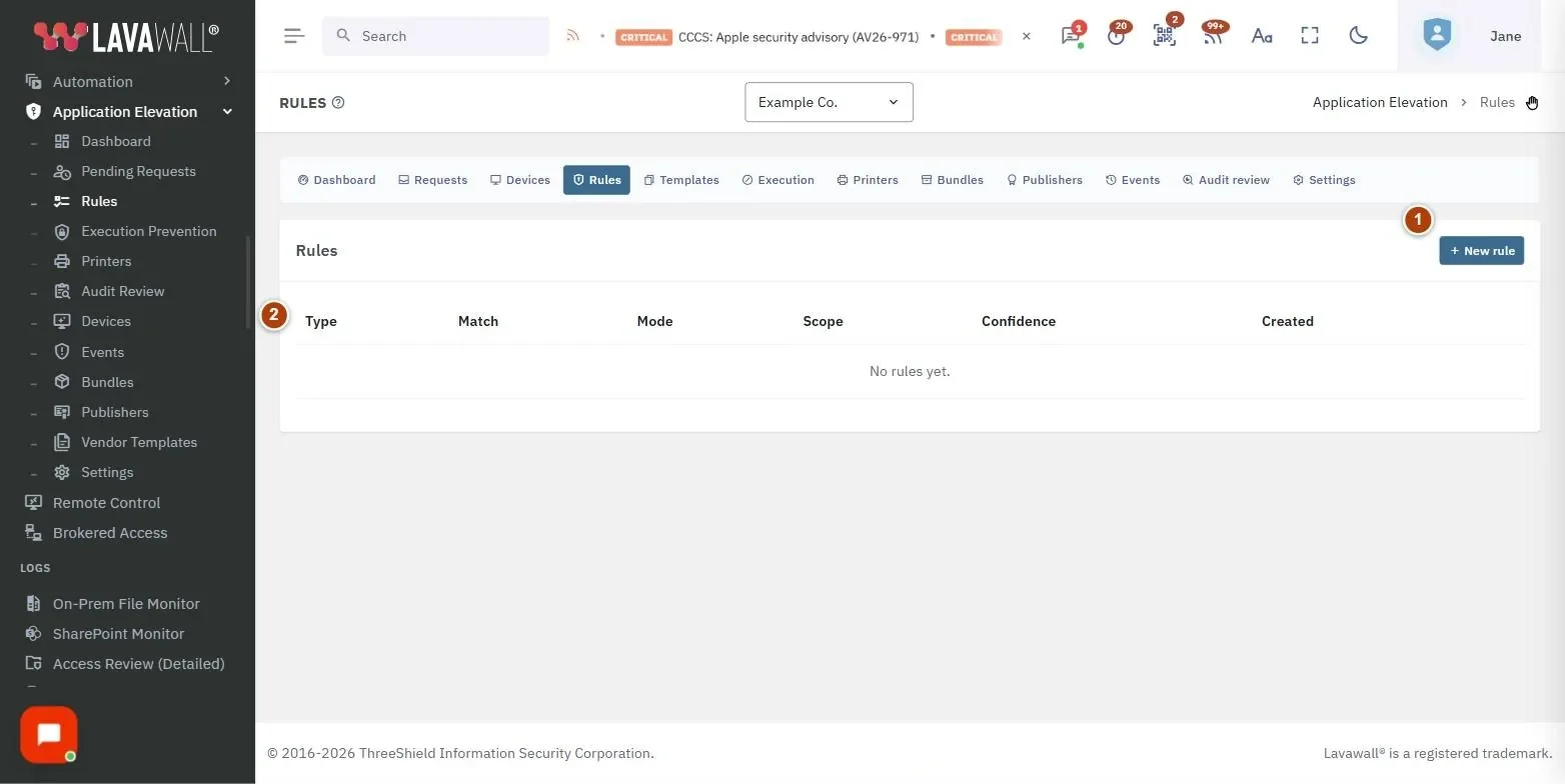 The Elevation Rules page, with the new rule, rules list and new rule dialog numbered 1 to 3.