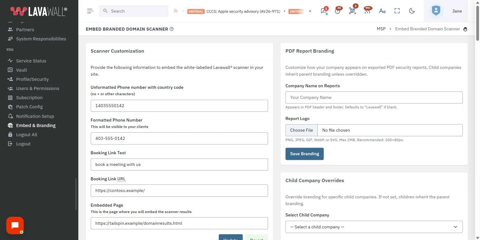 La page Intégrer l’analyseur de domaine de marque de la console Lavawall, affichant la personnalisation de l’analyseur, l’image de marque des rapports PDF, le code de clavardage et d’intégration et les domaines autorisés, avec des données d’exemple.