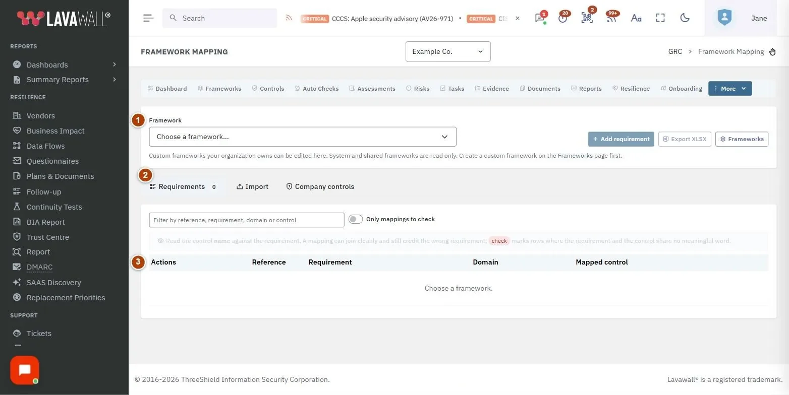 The Framework Mapping page, with the framework picker and actions, tabs, requirements table, import and company controls numbered 1 to 5.