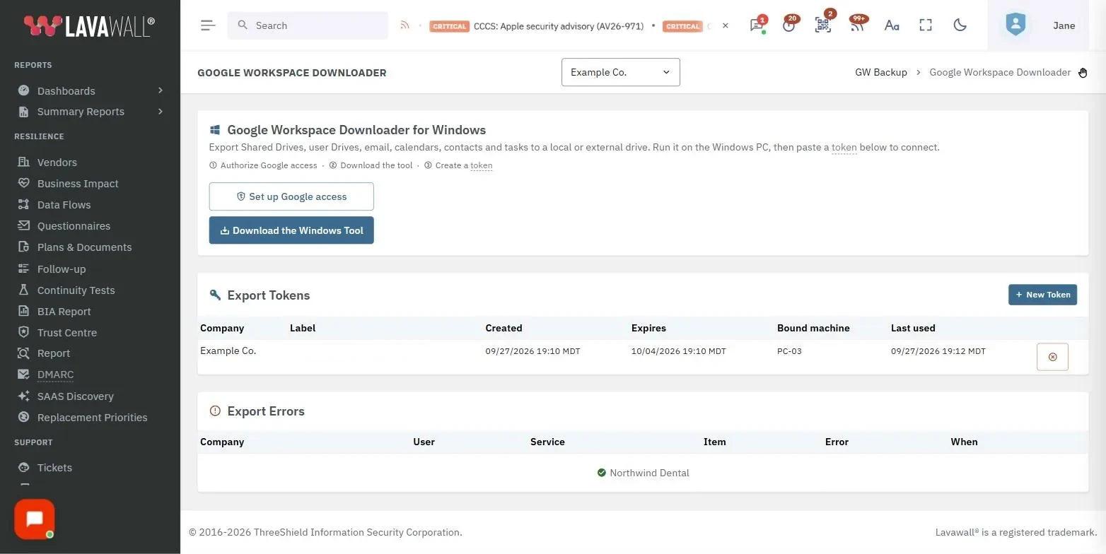 La page Exportation de Google Workspace dans la console Lavawall, avec l’outil de téléchargement de Google Workspace pour Windows, l’avancement de l’exportation, les jetons d’exportation et les erreurs d’exportation, à partir de données d’exemple.