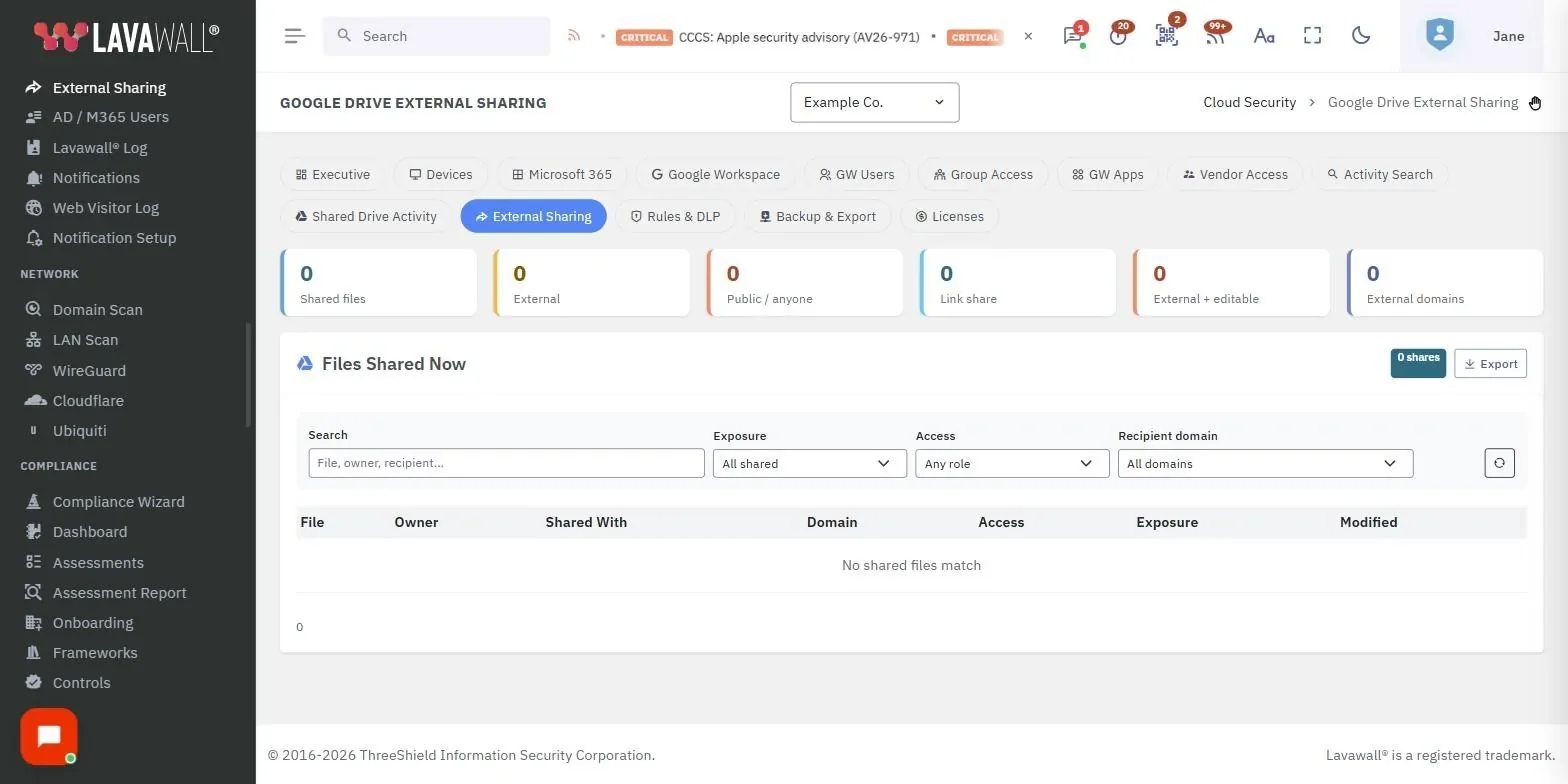 La page Partage externe dans Google Drive de la console Lavawall, avec les tuiles sommaires, les principaux domaines externes, les filtres et les fichiers actuellement partagés, à partir de données d’exemple.